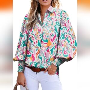 Women's Aqua/Pink Modern Abstract Paisley Print Loose Blouse w/Long Sleeves-XXL